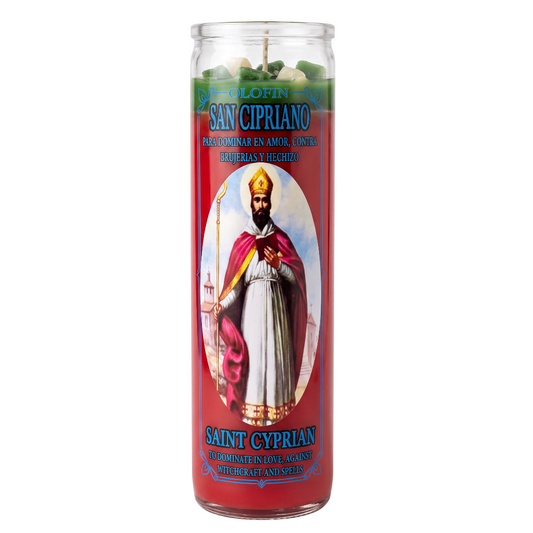 A tall glass jar candle with a red label featuring an illustration of Saint Cyprian. The candle has green wax at the top and blue text reading 'SAN CIPRIANO' and 'SAINT CYPRIAN'.