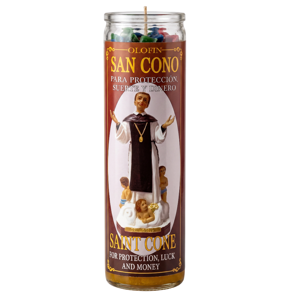 A tall glass prayer candle with a printed label featuring Saint Cono, shown on a plain white background. The candle contains multicolored wax pieces visible at the top, and the label reads 'Olofin San Cono' and 'Saint Cone' with text about protection, luck, and money.