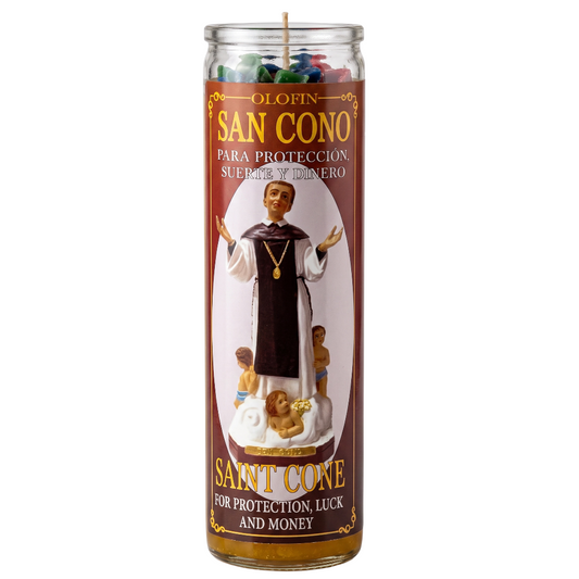 A tall glass prayer candle with a printed label featuring Saint Cono, shown on a plain white background. The candle contains multicolored wax pieces visible at the top, and the label reads 'Olofin San Cono' and 'Saint Cone' with text about protection, luck, and money.