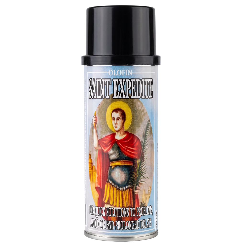 A can of Olofin Saint Expedite hair repair spray, featuring a black cap and a label with an illustration of Saint Christopher on a white background.