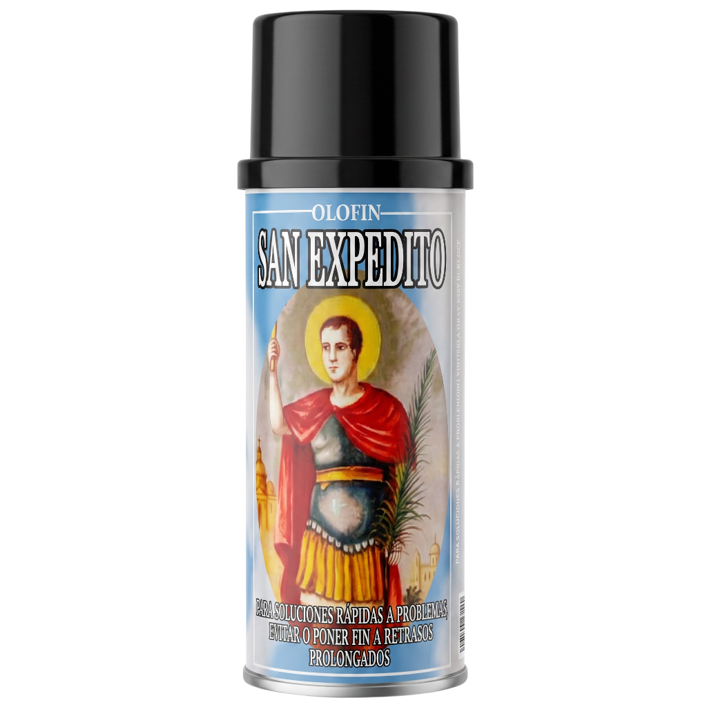 A can of Olofin San Expedito spray paint with a black cap and a label featuring an illustration of Saint Christopher on a light blue background.