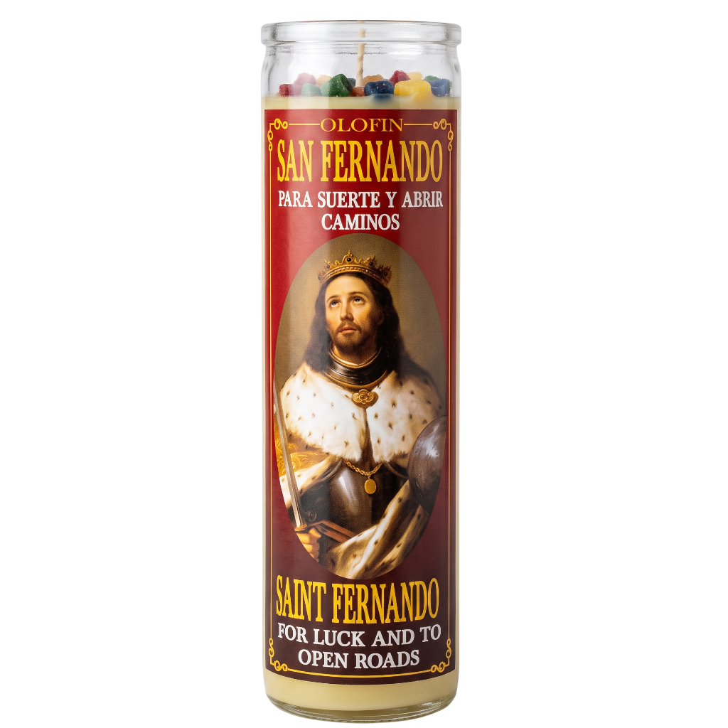 A tall glass jar candle labeled 'San Fernando' with a red label featuring an image of Saint Fernando in armor and gold text, shown on a plain white background.