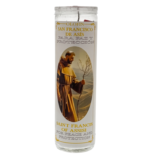 A tall clear glass prayer candle with a white label featuring Saint Francis of Assisi in a brown robe, with Spanish and English text reading 'Orofin San Francisco de Asis' and 'Santa Paz y Protección'.