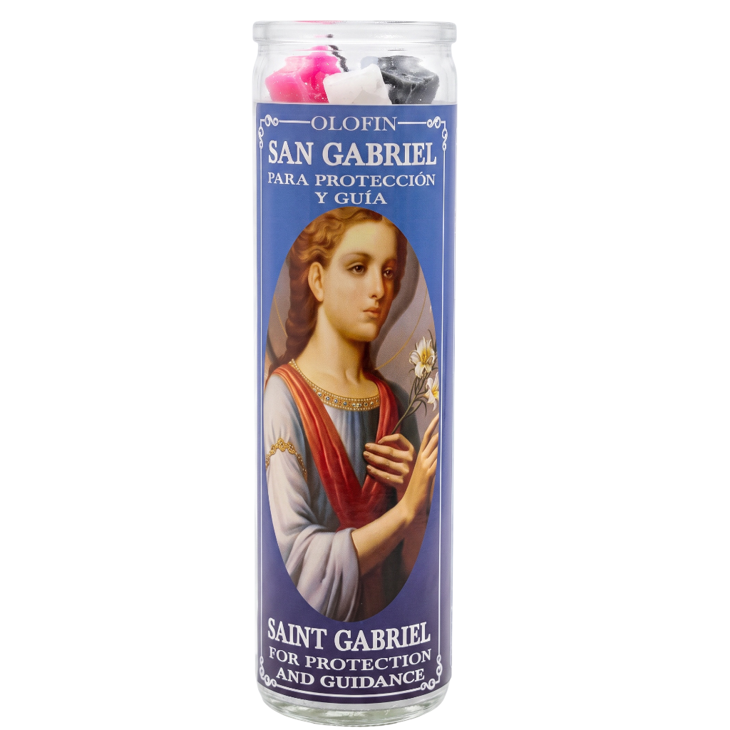 A tall glass prayer candle labeled 'Olofin San Gabriel Para Protección Y Guía' with a blue label featuring an illustration of Saint Gabriel, shown on a plain white background.