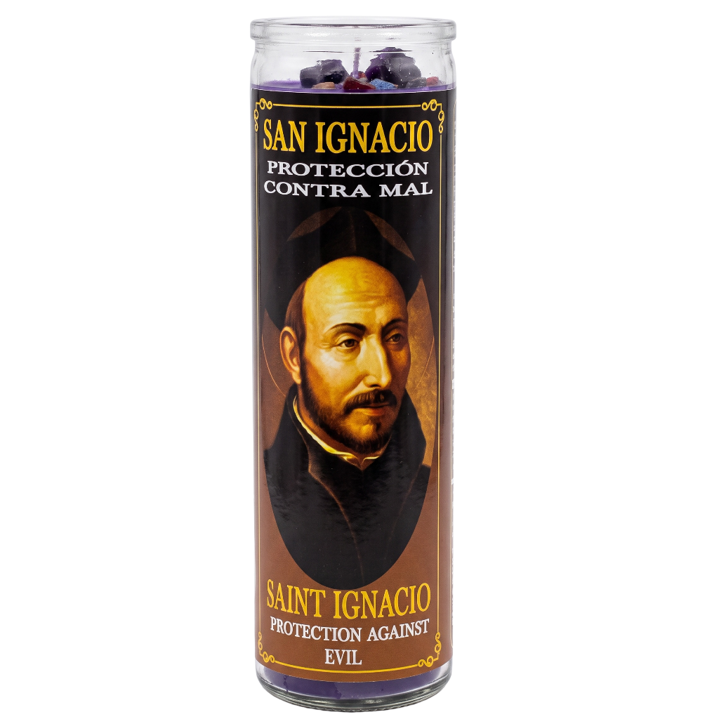 A tall glass jar candle labeled 'SAN IGNACIO PROTECCIÓN CONTRA MAL' with a portrait of Saint Ignacio on the front, shown on a plain white background.