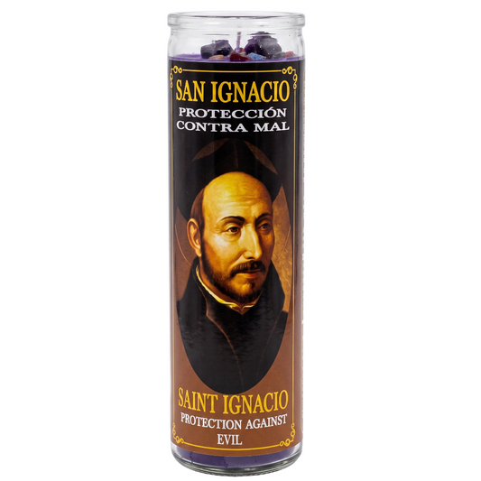 A tall glass jar candle labeled 'SAN IGNACIO PROTECCIÓN CONTRA MAL' with a portrait of Saint Ignacio on the front, shown on a plain white background.