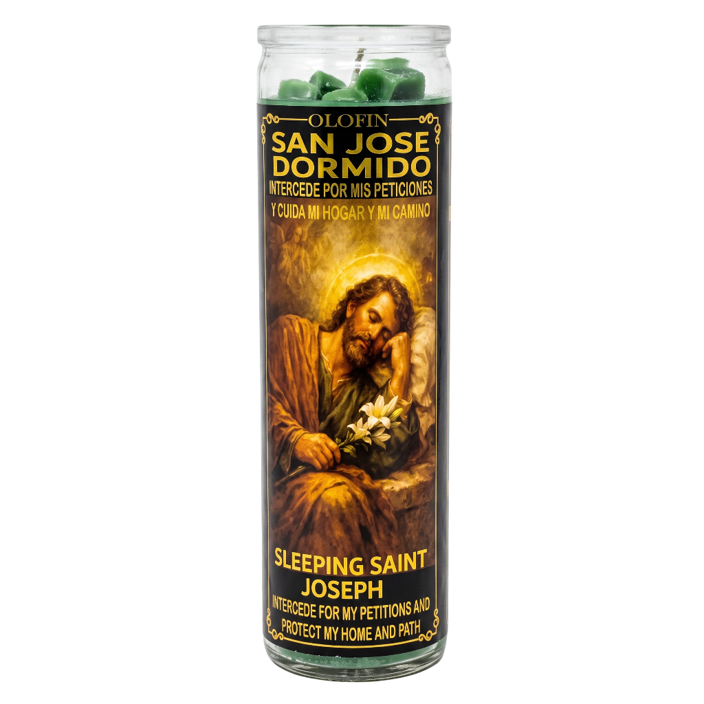 A tall glass jar prayer candle featuring a printed image of Saint Joseph sleeping on a bed with a green rosary resting on top. The label reads 'OLOFIN SAN JOSE DORMIDO' and 'SLEEPING SAINT JOSEPH' in yellow text on a dark background.