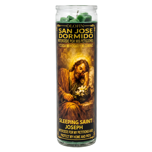A tall glass jar prayer candle featuring a printed image of Saint Joseph sleeping on a bed with a green rosary resting on top. The label reads 'OLOFIN SAN JOSE DORMIDO' and 'SLEEPING SAINT JOSEPH' in yellow text on a dark background.