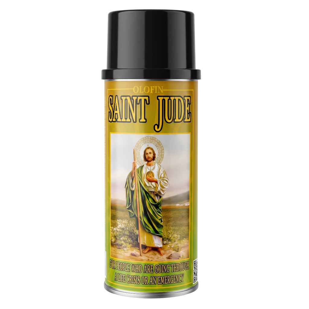 A can of Olofin Saint Jude emergency spray with a black cap and a gold-colored label featuring an illustration of Saint Jude.