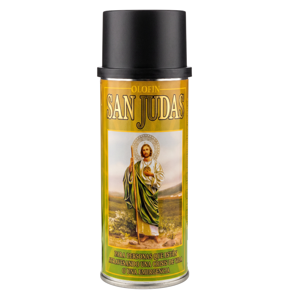 A can of Colof San Judas religious spray paint with a black cap and a gold-colored label featuring an illustration of Saint Jude Thaddeus.
