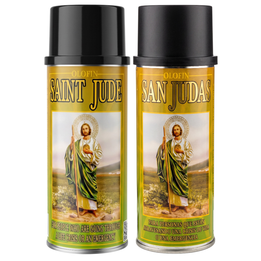 Two Olofin Saint Jude (San Judas) prayer spray cans with black caps, featuring a gold label with an illustration of Saint Jude on a white background.