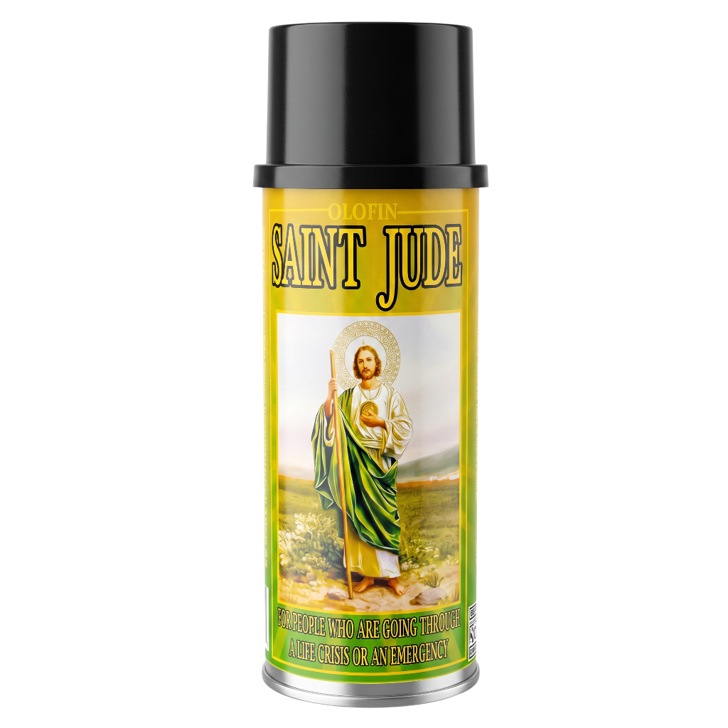 A can of Colofin Saint Jude Holy Water spray with a black cap and a yellow label featuring an illustration of Saint Jude in green robes.