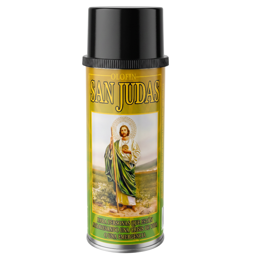 A spray can of Olofin San Judas religious air freshener, featuring a black cap and a label with a green and gold background and an illustration of Saint Jude Thaddeus.