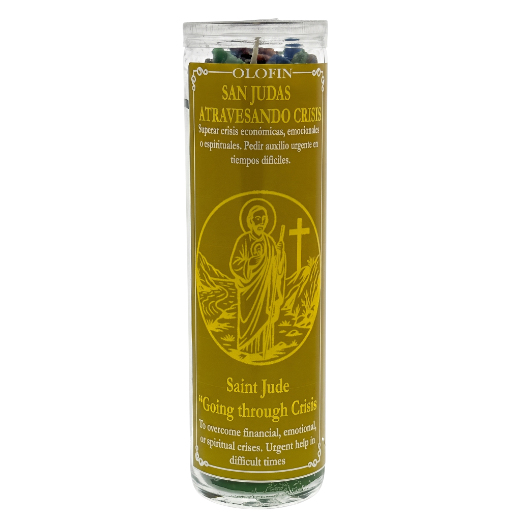 A Saint Jude Catholic prayer candle in a tall clear glass jar with a gold-colored label featuring an illustration of Saint Jude and the text 'OLIN SAN JUDAS ATRAVESANDO CRISIS' and 'Saint Jude Going through Crisis'.