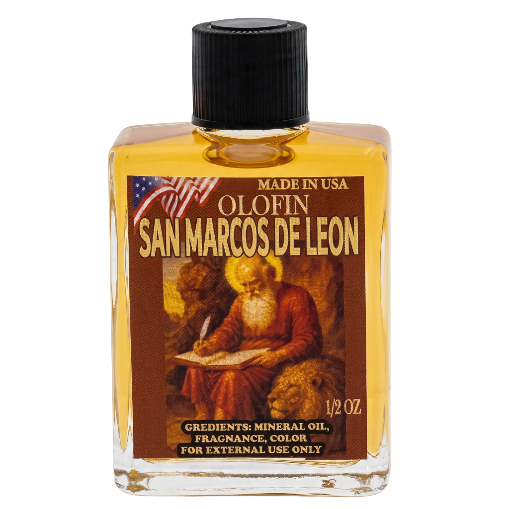 A 1/2 oz glass bottle of Olofin San Marcos de Leon fragrance oil with a black ribbed cap and a brown label featuring an illustration of Saint Leon.