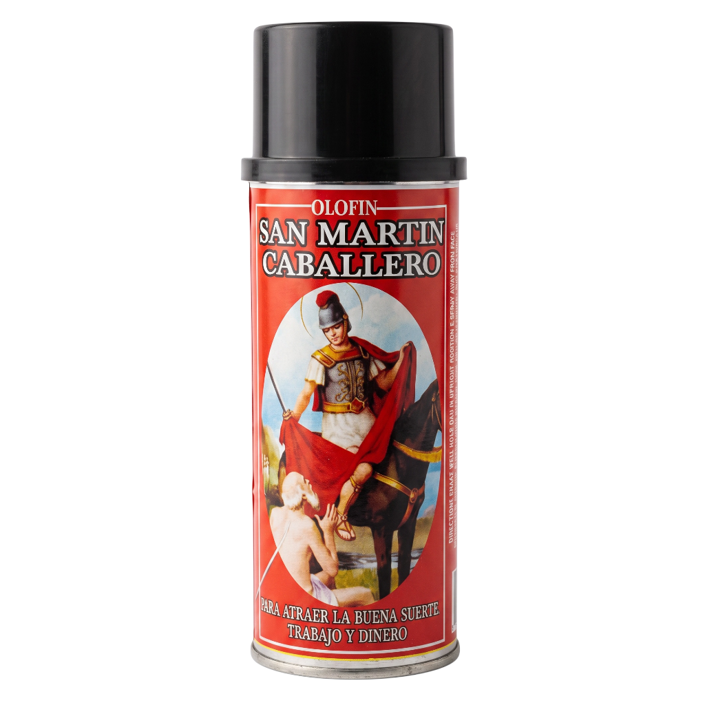 A can of Olofin San Martin Caballero spray paint, featuring a red label with an illustration of a Spanish cavalry soldier on a horse, set against a plain white background.