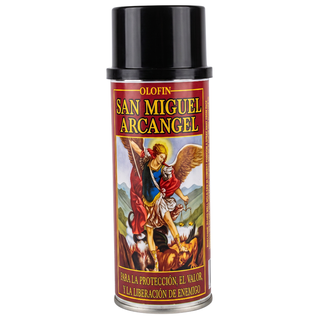 A can of Olofin San Miguel Arcangel spray paint with a black cap and a detailed label depicting the archangel with wings and a sword, on a white background.