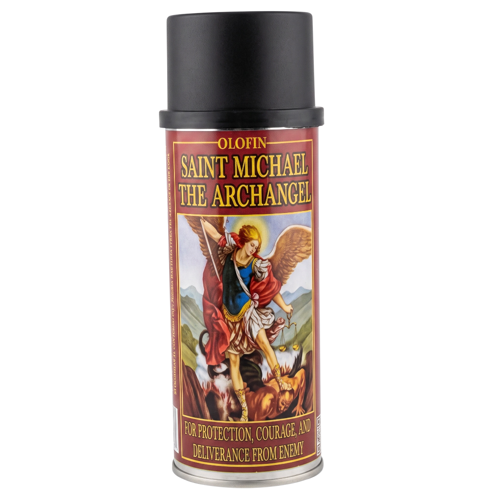 A can of Olofin Saint Michael the Archangel spray paint with a black cap and a label featuring a colorful illustration of the saint and devil.