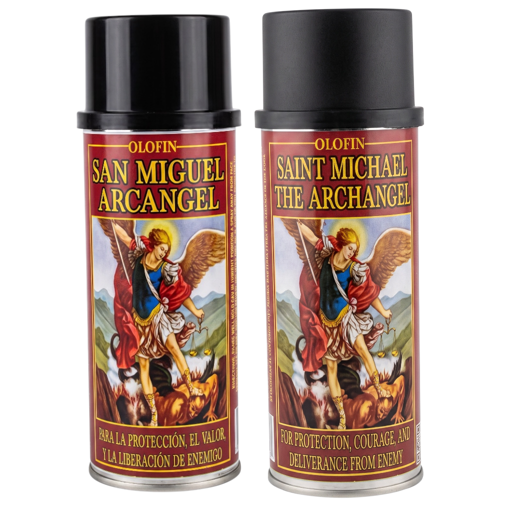 Two Olofin San Miguel Arcangel spray cans with black caps, featuring a detailed religious label of the archangel with a sword and shield.
