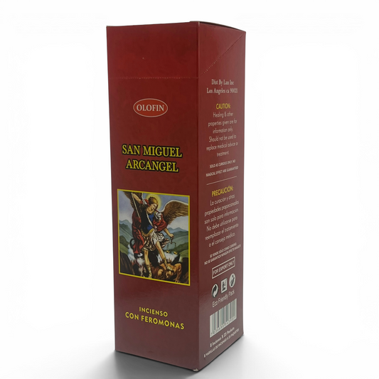 A tall, dark red rectangular box of Olofin San Miguel Arcangel incense, featuring a central illustration of the archangel and Spanish text, set against a plain white background.