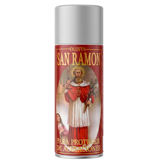 A silver spray can of Olofin San Ramon protective spray, featuring a red label with a religious illustration of Saint Ramon and gold lettering, set against a plain white background.