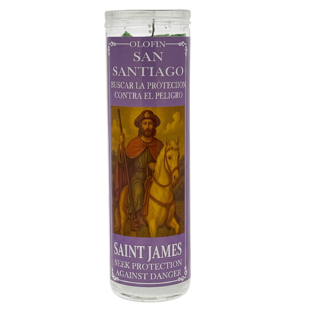 A tall glass prayer candle labeled 'Olin San Santiago' and 'Saint James', with a purple label featuring an illustration of Saint James on a horse. The candle is shown against a plain white background.