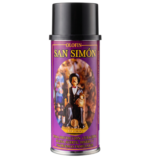 A can of Olofin San Simón spray paint with a black cap and a purple label featuring a statue of San Simón and gold lettering, shown on a plain white background.