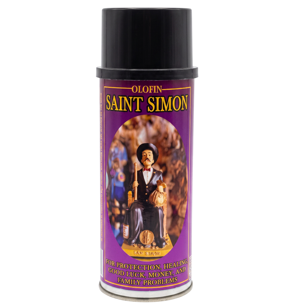 A can of Olofin Saint Simon spray, featuring a purple label with gold lettering and an illustration of Saint Simon holding a gold ingot, topped with a black cap.