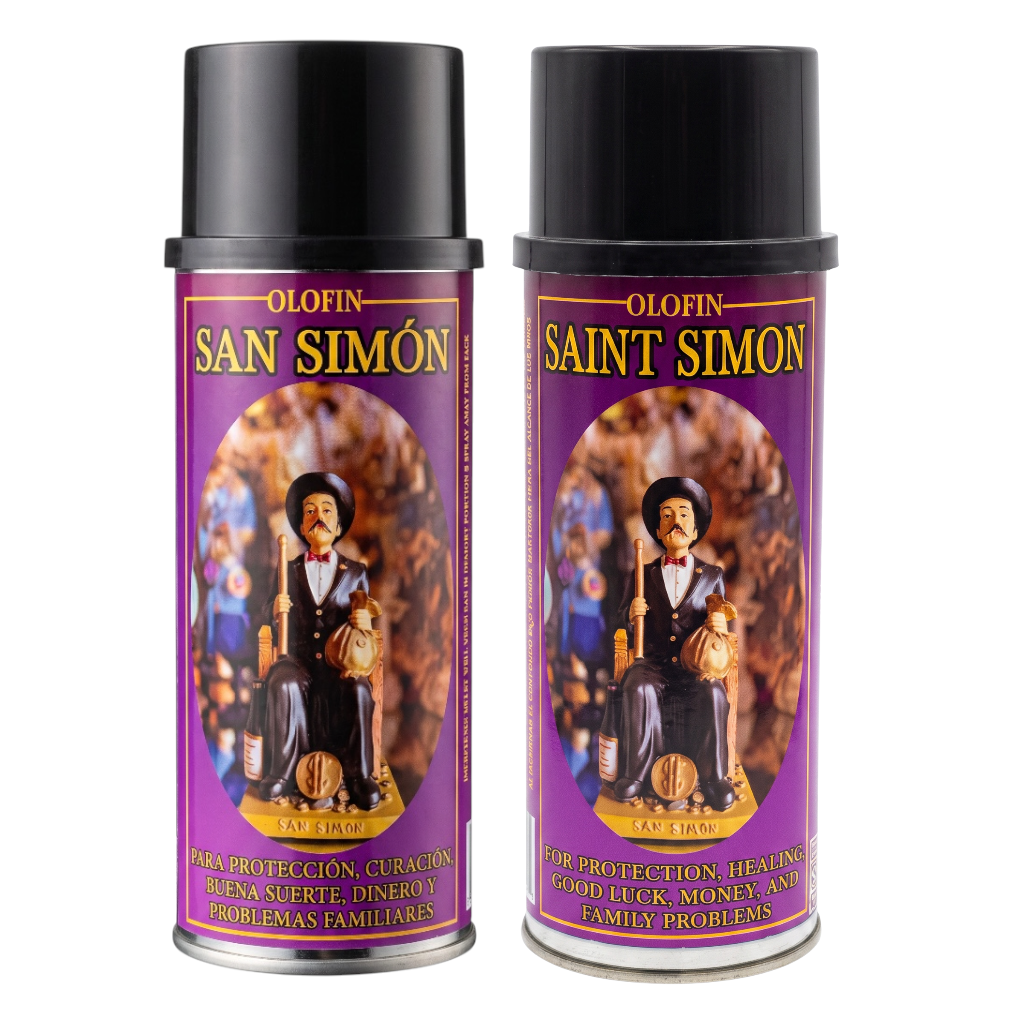 Two silver spray cans of Olofin San Simón / Saint Simon protection spray with black caps, set against a plain white background.