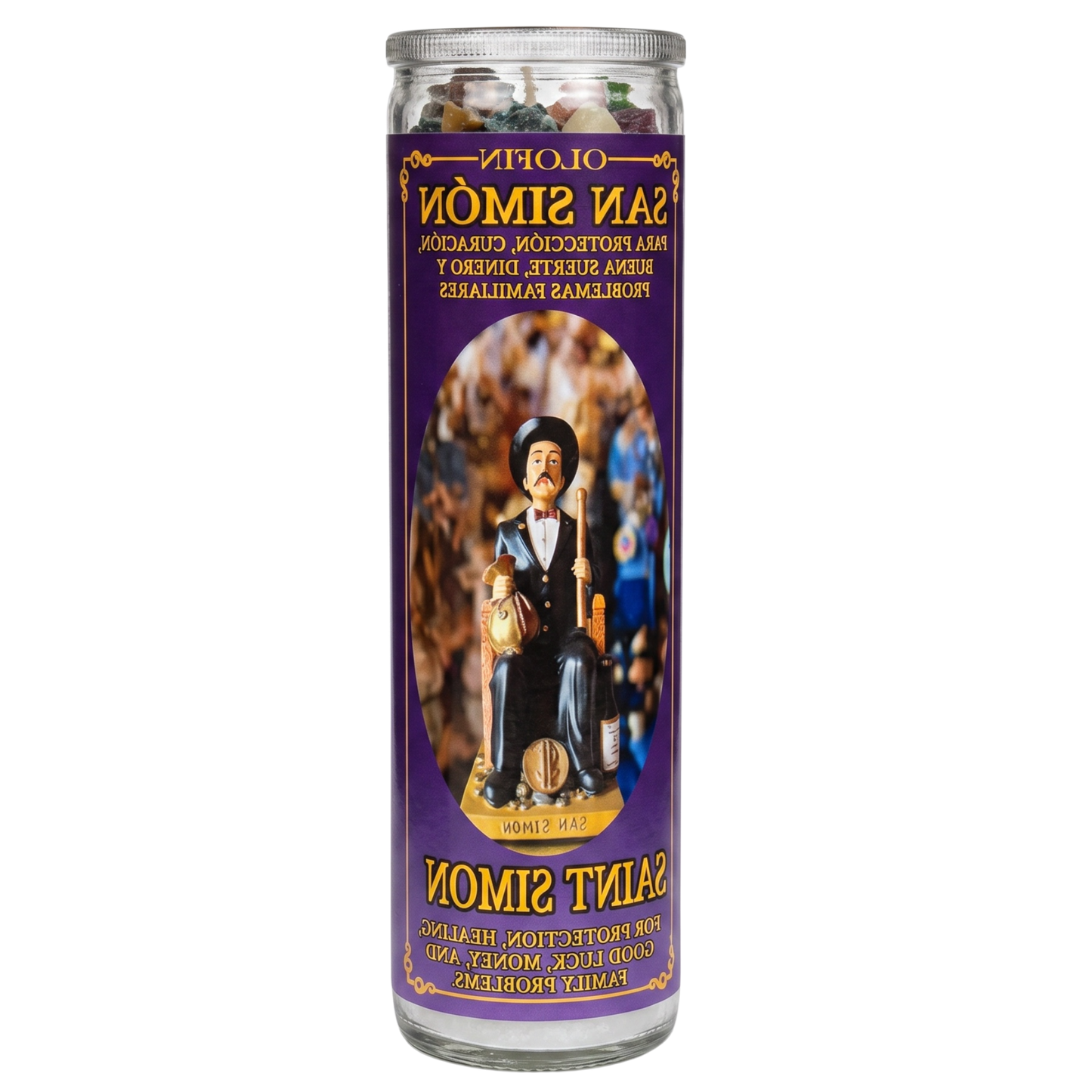 A tall glass jar prayer candle with a purple label featuring Saint Simon, shown on a plain white background. The label includes Spanish and English text and an illustration of the saint.