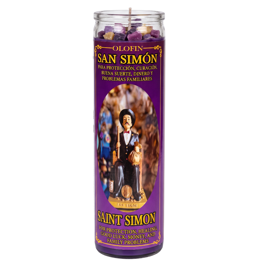 A tall glass jar candle labeled 'Olofin San Simón' with a purple label and a printed image of Saint Simon, shown on a plain white background.