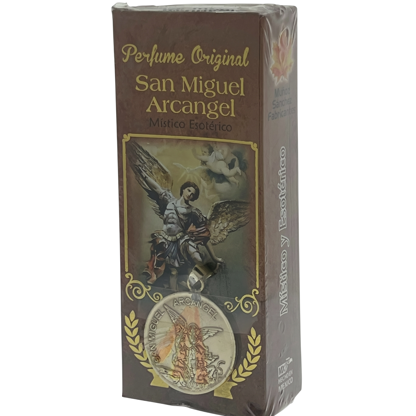 Packaged perfume with angelic design and text on a white background