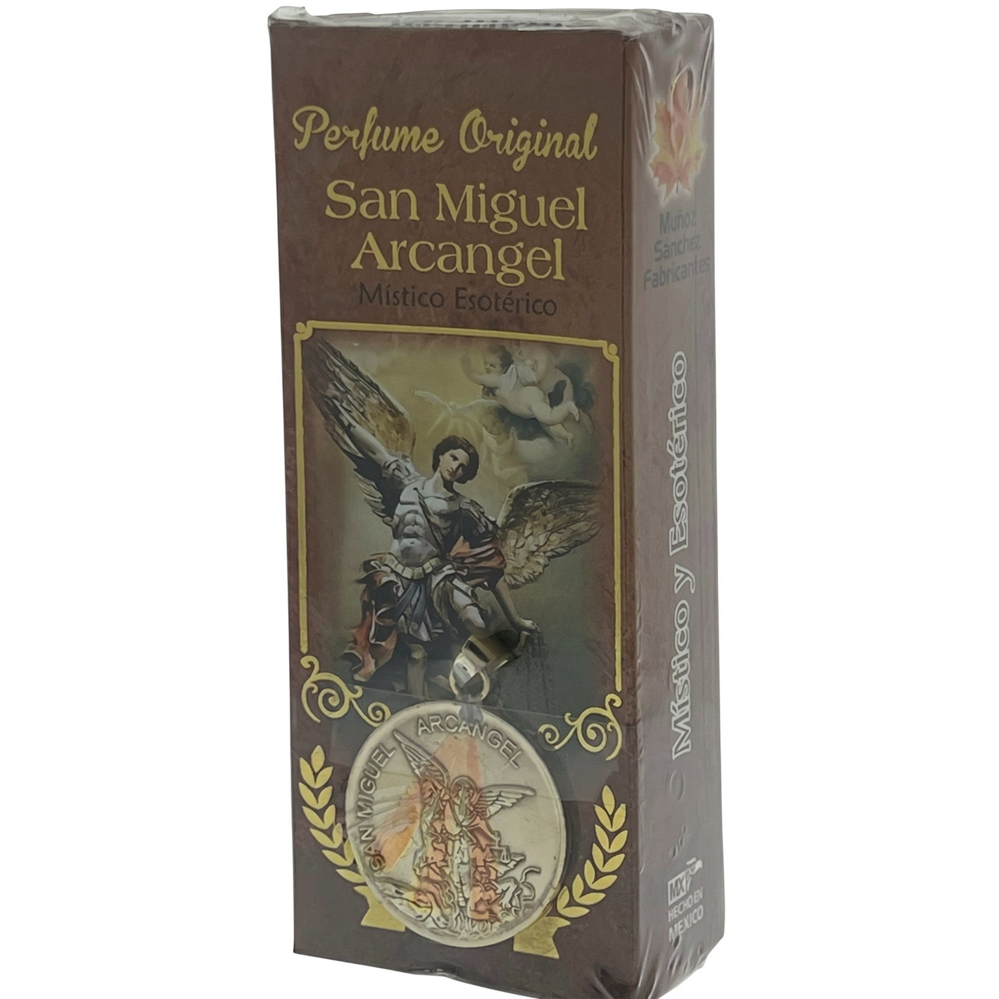 Packaged perfume with angelic design and text on a white background