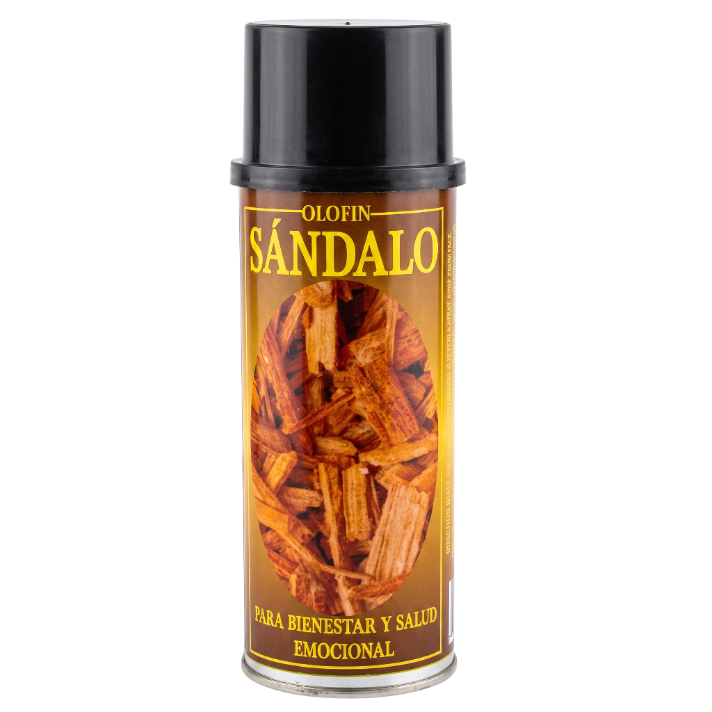 A can of Olofín Sándalo wood scent spray with a black cap and a brown label showing wood chips, on a white background.
