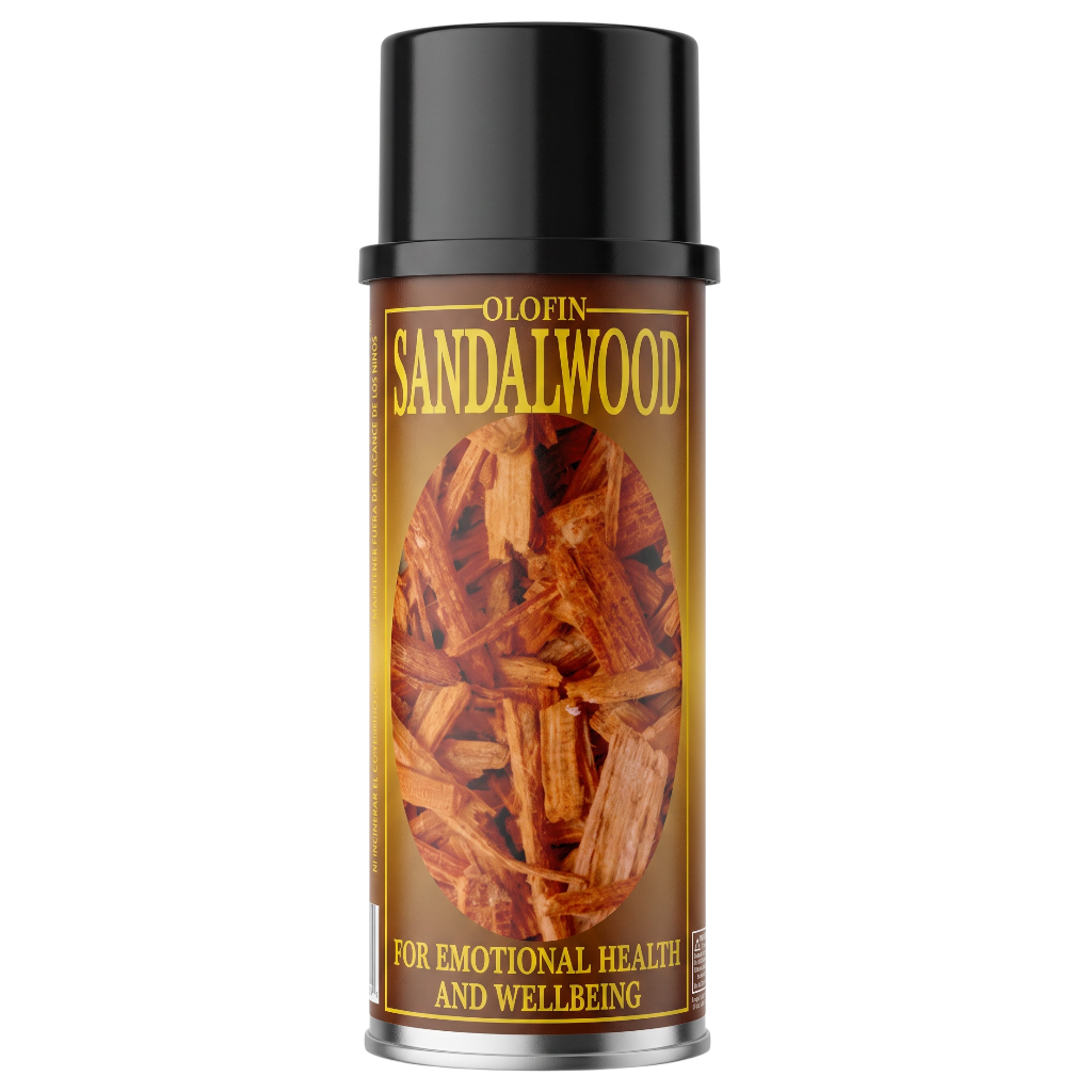 A can of Olofin Sandalwood essential oil spray with a black cap and a brown label showing wood shavings, on a white background.