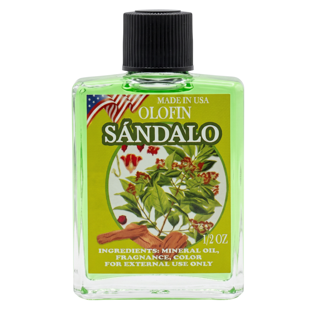 A 1/2 oz bottle of Olofin Sándalo fragrance oil. The clear glass bottle shows the light green liquid inside, topped with a black ribbed cap.