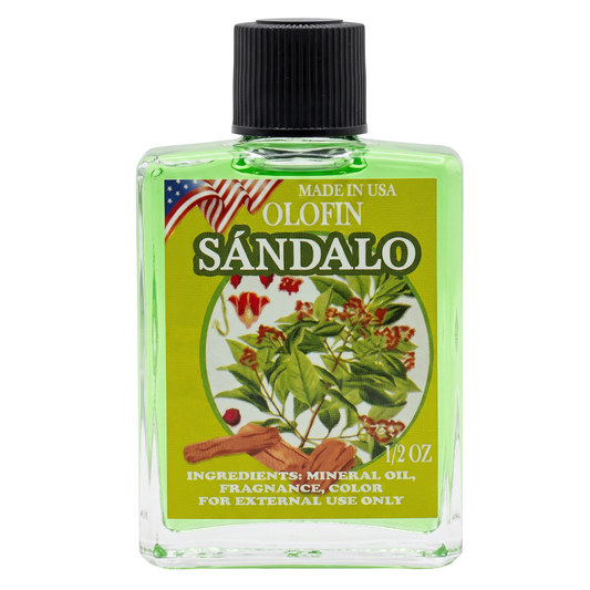 A 1/2 oz bottle of Olofin Sándalo fragrance oil. The clear glass bottle shows the light green liquid inside, topped with a black ribbed cap.
