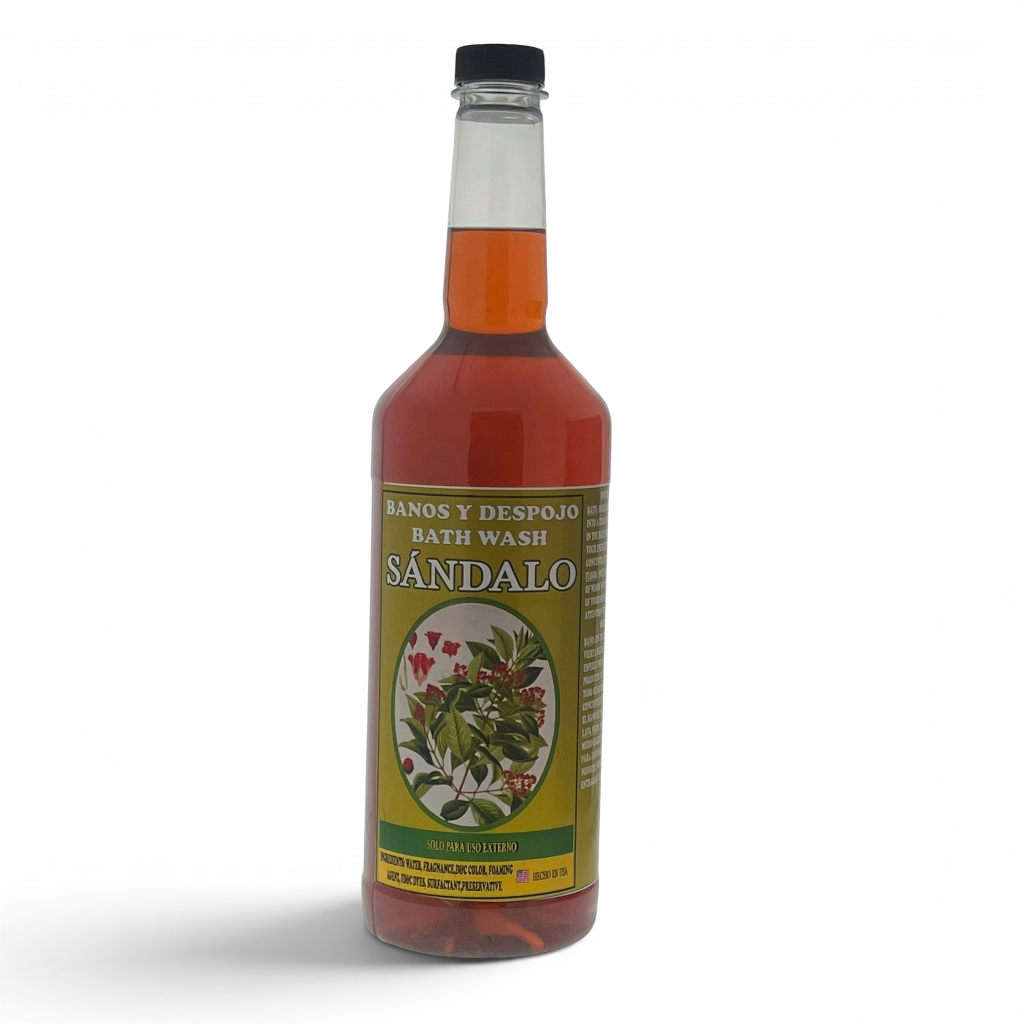A bottle of Sándalo bath wash with amber liquid and a green label featuring a botanical illustration, set against a plain white background.