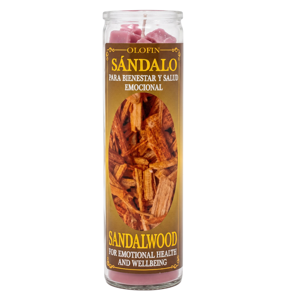 A tall glass jar candle labeled 'Olofin Sandalo' with pink wax visible at the top and a front label showing sandalwood pieces, on a plain white background.