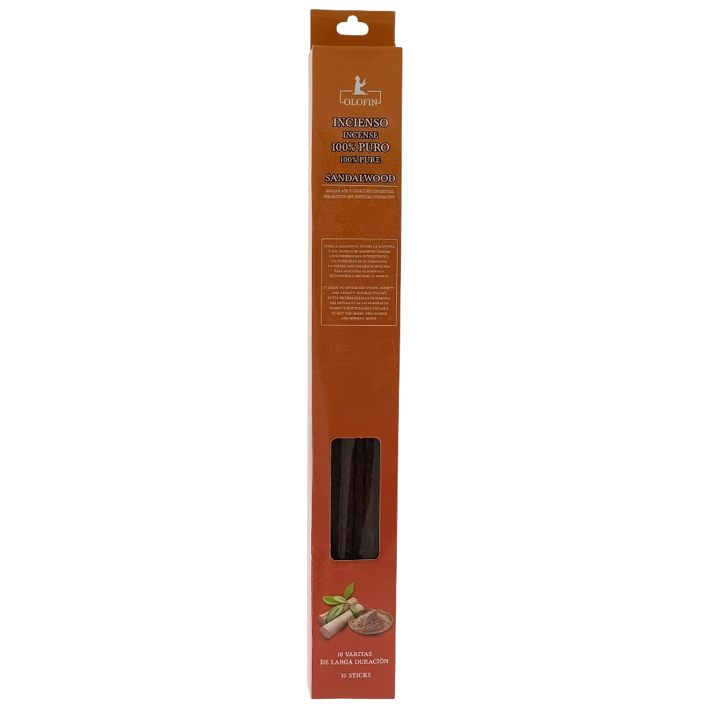 A tall, narrow brown cardboard package containing four dark brown sandalwood incense sticks, shown against a plain white background.