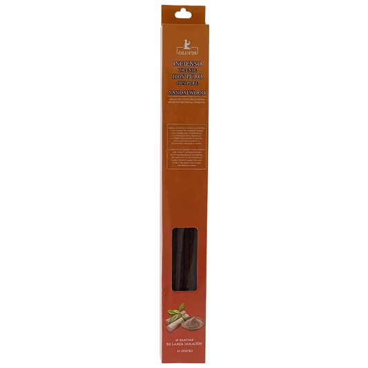 A tall, narrow brown cardboard package containing four dark brown sandalwood incense sticks, shown against a plain white background.