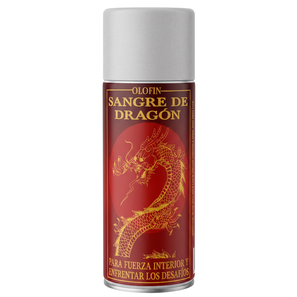 A can of Olofin Sangre de Dragón spray with a red label featuring a gold dragon illustration, set against a plain white background.