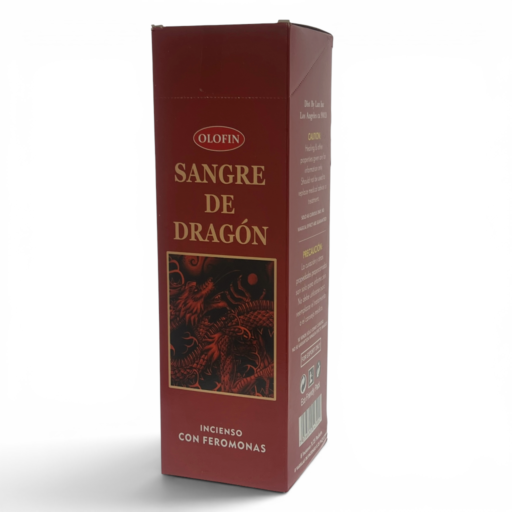 A tall rectangular red box of Olofin Sangre de Dragón incense with dragon artwork, shown on a white background.