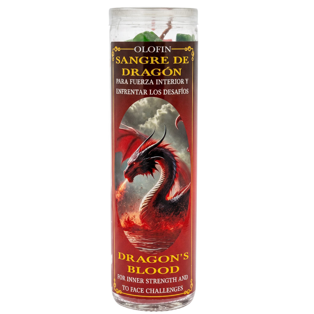A tall glass prayer candle labeled 'Olofin Sangre de Dragon' featuring a red dragon illustration on the front, shown against a plain white background.
