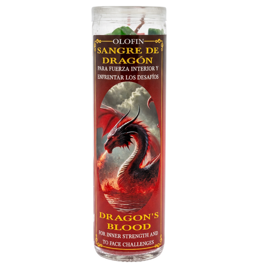 A tall glass prayer candle labeled 'Olofin Sangre de Dragon' featuring a red dragon illustration on the front, shown against a plain white background.