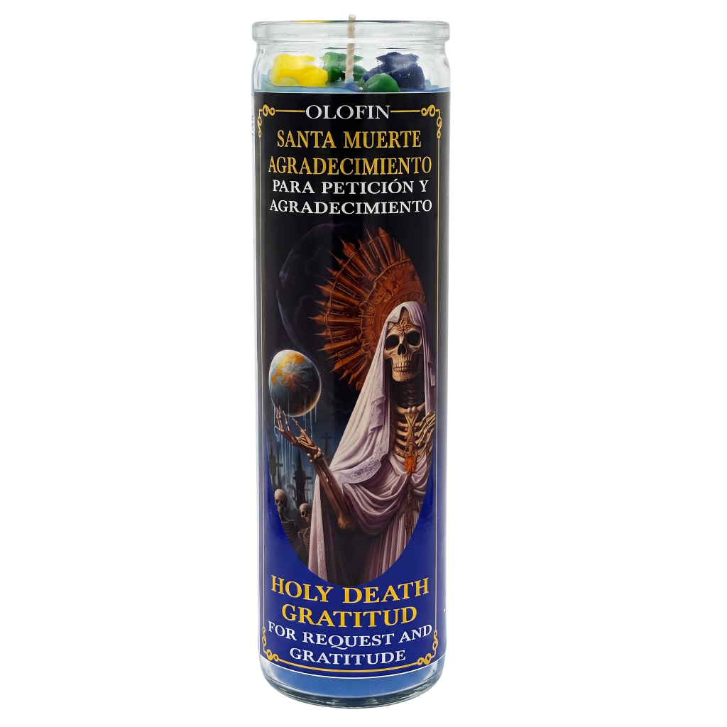 A tall glass prayer candle labeled 'Ol Ofin Santa Muerte Agradecimiento' with a printed illustration of the Holy Death figure on a dark blue and black label, shown on a plain white background.