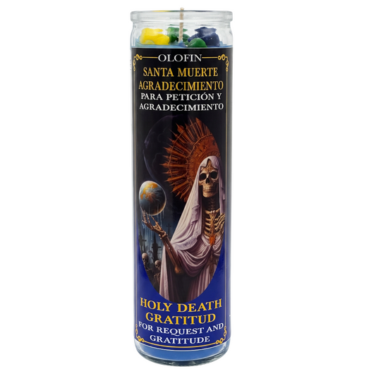 A tall glass prayer candle labeled 'Ol Ofin Santa Muerte Agradecimiento' with a printed illustration of the Holy Death figure on a dark blue and black label, shown on a plain white background.
