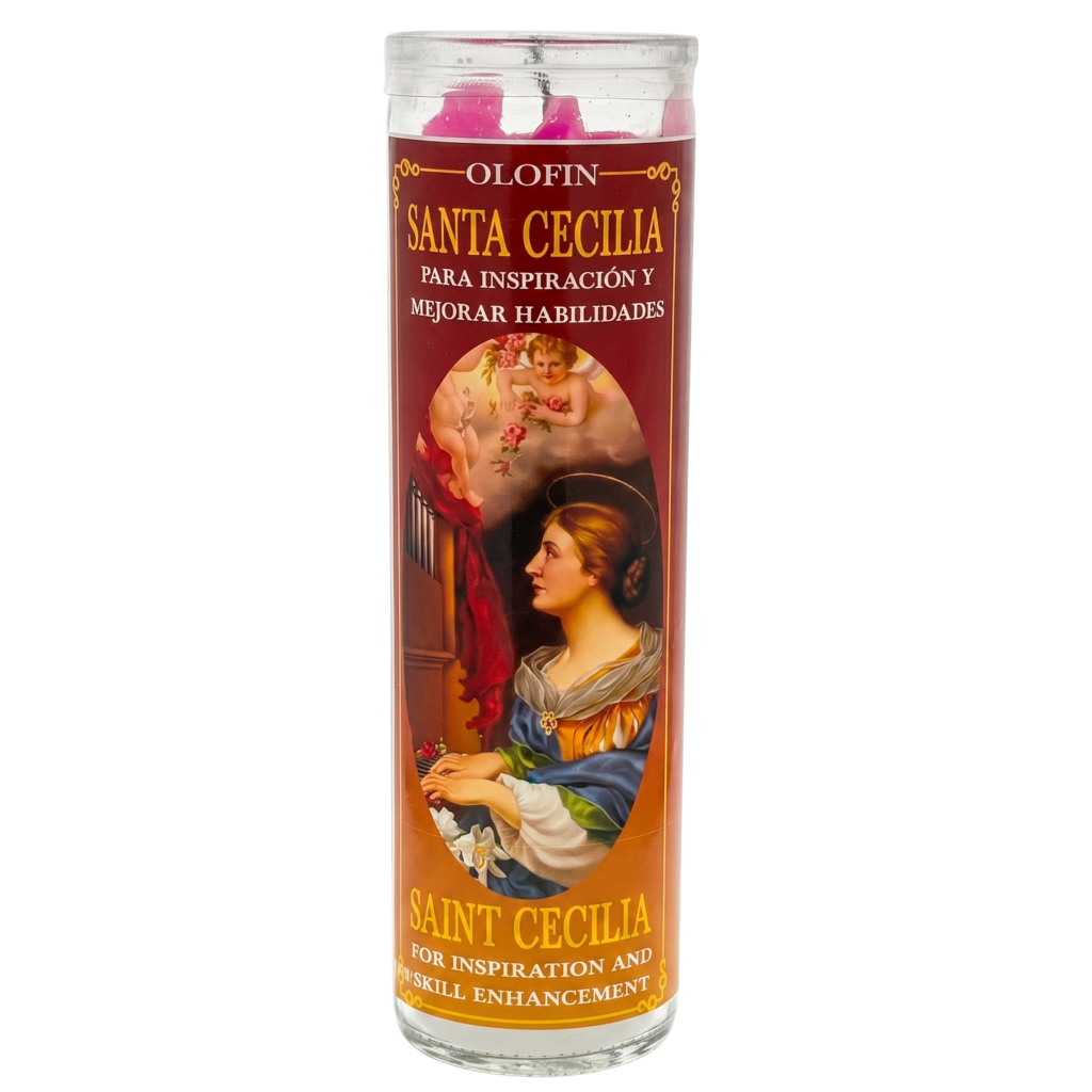 A tall glass prayer candle with a red and gold label featuring an illustration of Saint Cecelia. The label reads 'Olofin Santa Cecilia' and 'Saint Cecilia'.