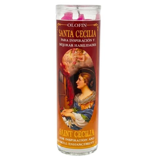 A tall glass prayer candle with a red and gold label featuring an illustration of Saint Cecelia. The label reads 'Olofin Santa Cecilia' and 'Saint Cecilia'.
