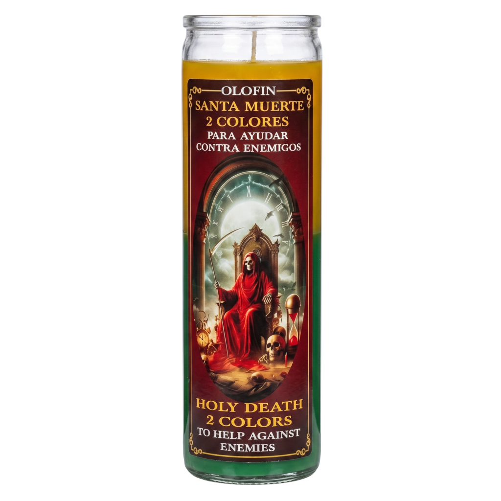 A tall glass prayer candle with a printed label reading 'OLOFIN SANTA MUERTE 2 COLORES' and 'HOLY DEATH 2 COLORS,' featuring a dark illustration of a robed figure on a throne with red, gold, and green color-blocked sections on a white background.